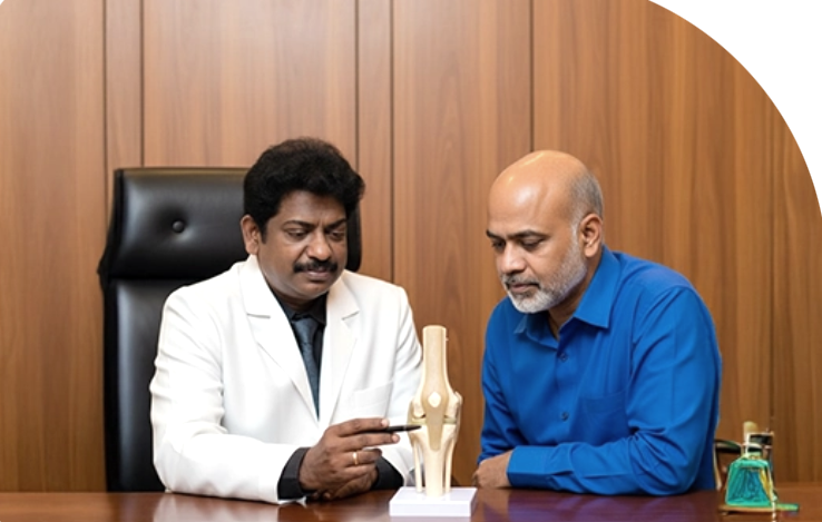 Dr Bala Kumaran explaining knee joint model to patient
